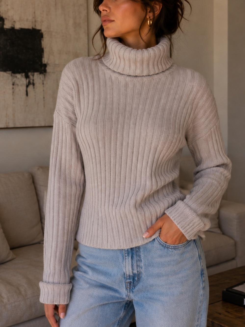 Ribbed Turtleneck Sweater in Light Taupe